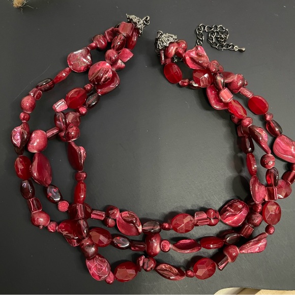 Maroon Red Triple Strand Beaded Necklace & Earrings Set | Garnet Red - Picture 1 of 10